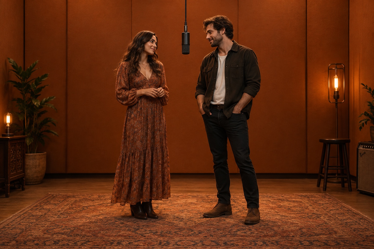 Two adults standing on opposite sides of a hanging microphone in an orange recording booth