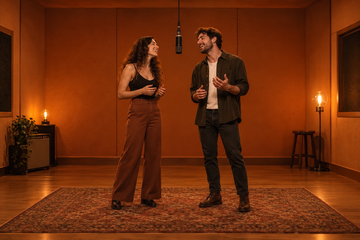 Two friends singing together in an orange recording studio