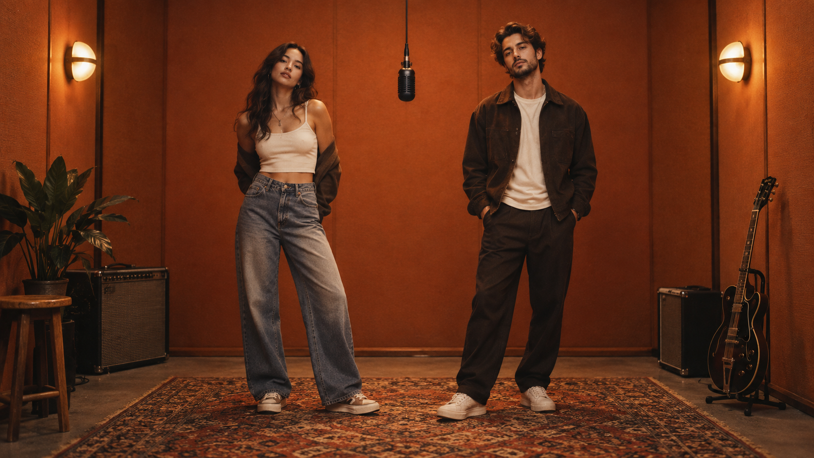 Two adults in an orange recording room with one hanging microphone