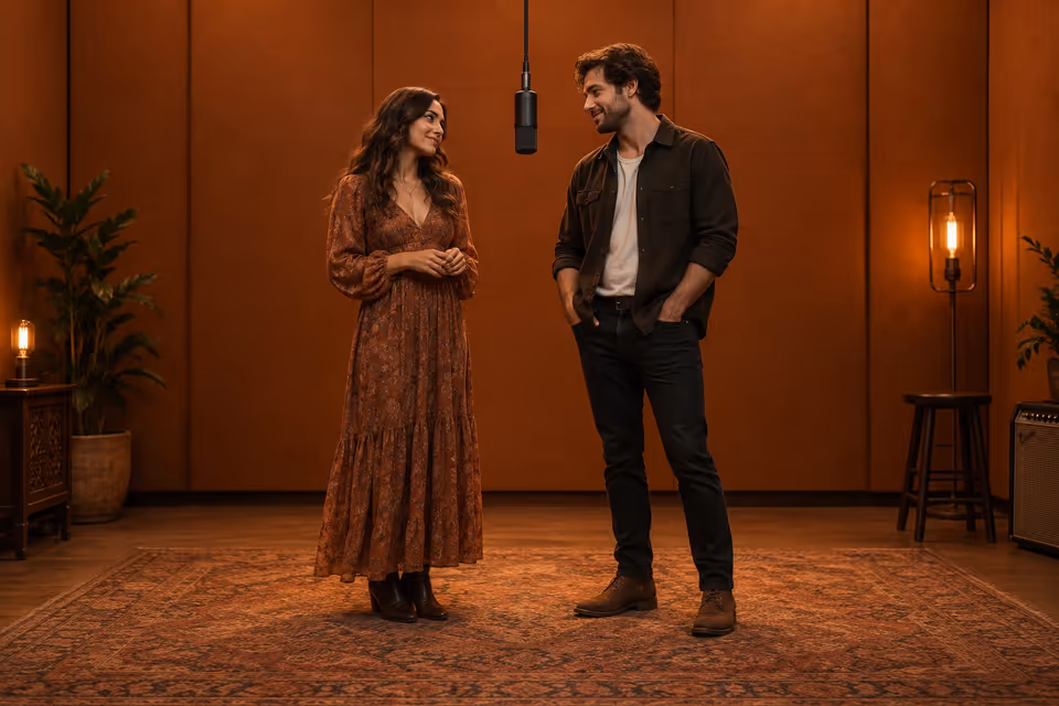 Two adults standing on opposite sides of a hanging microphone in an orange recording booth