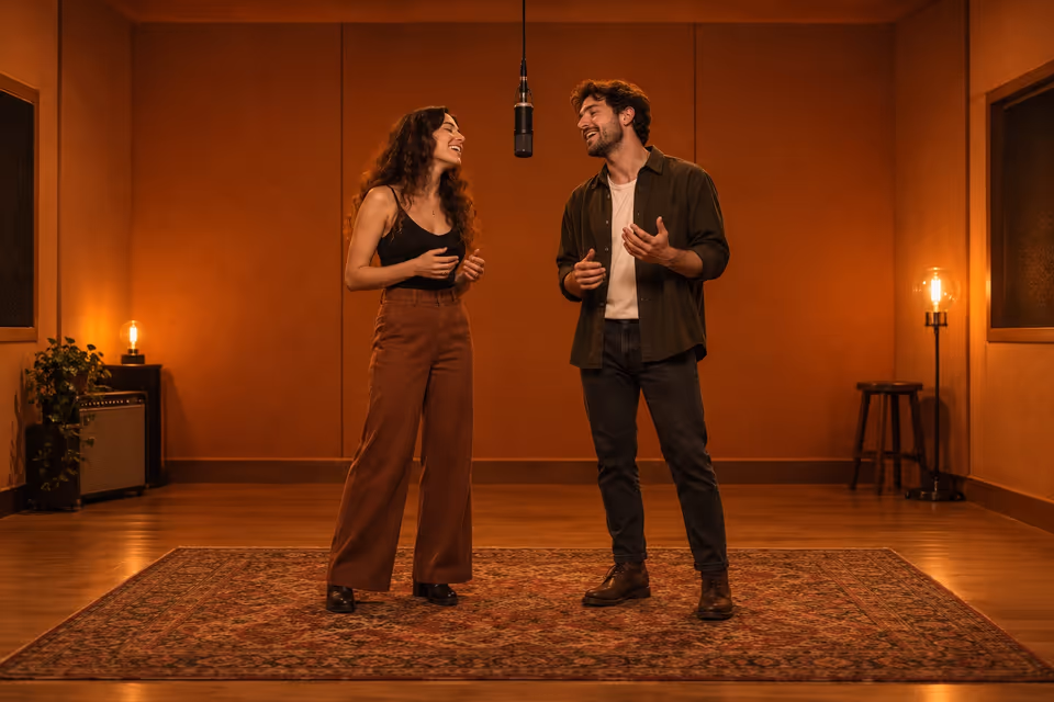 Two friends singing together in an orange recording studio