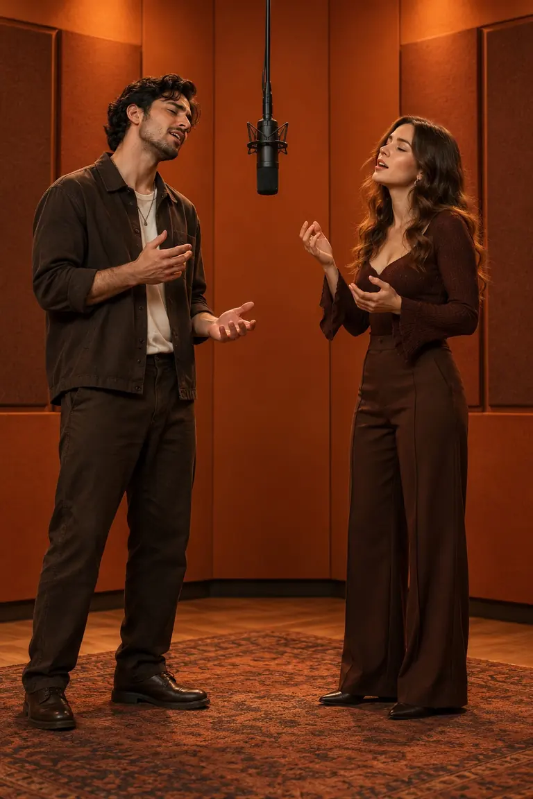 A generated Hotel Lobby scene: two people singing at one hanging microphone in an orange booth, vertical frame